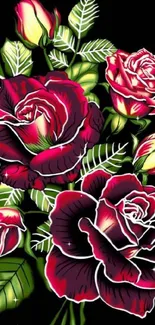 Beautiful red roses with green leaves on a dark background.