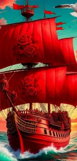 Red sailing ship with red sails at sunset.