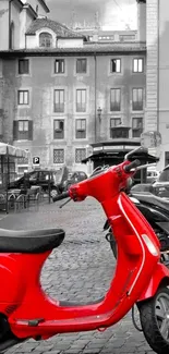 Red scooter in a European city street setting with classic architecture.