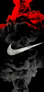 Vibrant red and black smoke art with logo on a dark background.