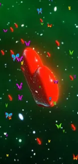 Vibrant red heart and butterflies on a green space background.