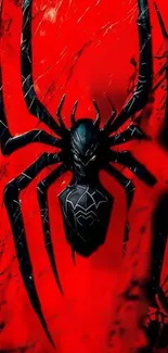 Bold red background with a detailed black spider.