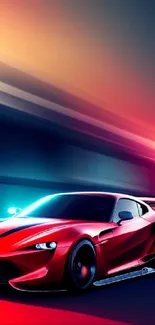 Red sports car speeds through vibrant sunset hues backdrop.