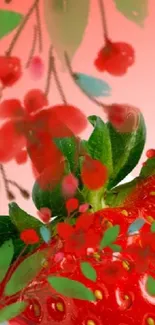 Vibrant wallpaper with red strawberries and green leaves.