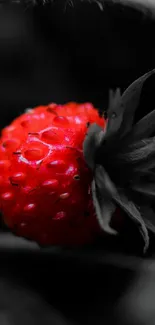 Bright red strawberry against black and white leaves wallpaper.