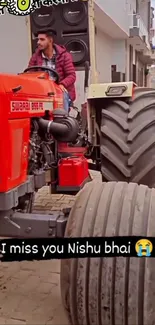 Red tractor on a village street with a man in the driver's seat.