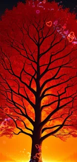 Vibrant red tree silhouette with glowing background.