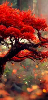 Vibrant red tree in mystical forest wallpaper