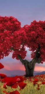 Vibrant red tree in scenic landscape wallpaper.