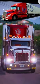 Red truck wallpaper on a scenic road.