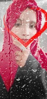 Portrait with red veil and heart design.