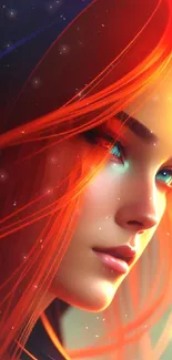 Digital art of a woman with vibrant red hair, glowing in soft light.