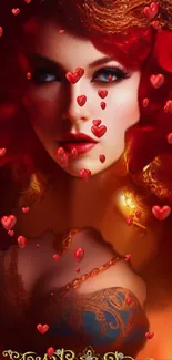 Fantasy art of a vibrant redhead adorned with floating hearts.