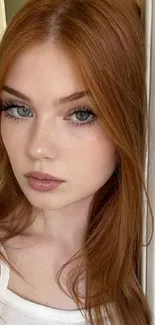 Close-up of a redhead with captivating eyes, warm tones.