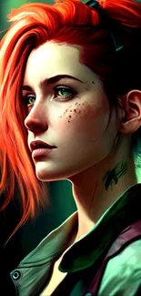 Portrait of a red-haired woman with artistic flair and vibrant colors.