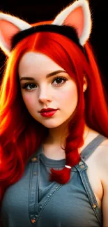 Vibrant redhead with cat ears in stylish portrait.