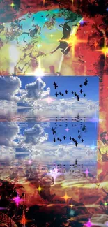 Fantasy art wallpaper with clouds, birds, and vibrant reflections.