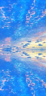 Vibrant blue sky with colorful cloud reflections.