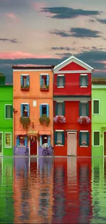 Colorful houses reflected in tranquil water under a pink and gray sky.