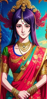 Anime princess with colorful attire and golden accents on a vibrant backdrop.