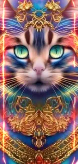 Colorful cat with gold embellishments and vibrant background design.