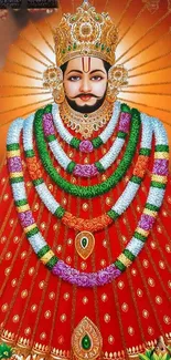 Vibrant deity with ornate attire and jewelry on a red background.