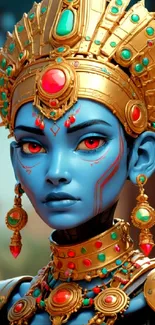 Blue-skinned fantasy figure with golden ornate headdress and jewelry.