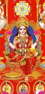 Vibrant Hindu art featuring Goddess Lakshmi in rich colors on a mobile wallpaper.