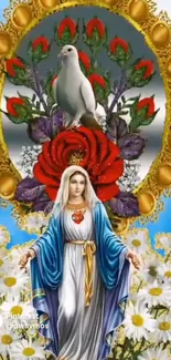 Vibrant religious art wallpaper with holy figure and dove.