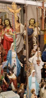 A vibrant display of religious icons and rosary beads.