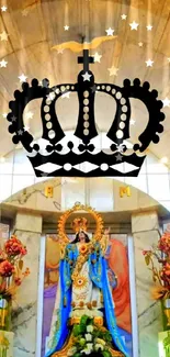 Wallpaper of a crown over a religious statue inside a shrine.