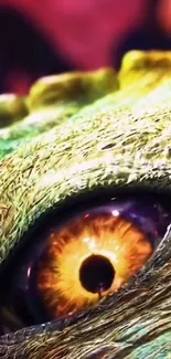 Close-up of a colorful reptilian eye with detailed texture and vibrant green hues.