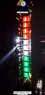 Vibrant building lights showcasing Indian flag colors.