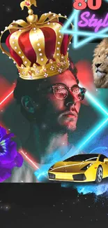 Retro neon aesthetic wallpaper with crown, lion, and sports car.