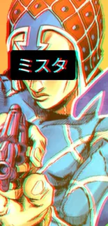 Anime character with a retro vibe, vibrant and colorful, holding a futuristic object.