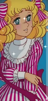 Retro anime character with striped pink and white dress on blue background.