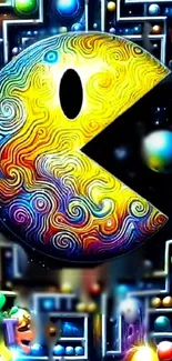 Colorful Pac-Man inspired digital art with geometric design.