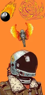 Retro art wallpaper with helmet and fiery symbols on orange background.