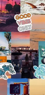 Retro collage with beach, sunset, and surfboards.