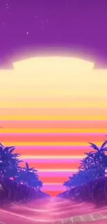 Retro beach sunset with purple and orange hues and palm silhouettes.