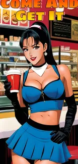 Animated character in blue outfit at a retro cafe.