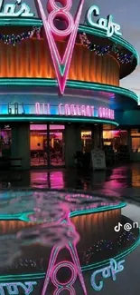 Neon-lit retro café with reflections on a wet surface, perfect for vintage theme lovers.