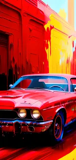 Red retro car in front of colorful graffiti background.