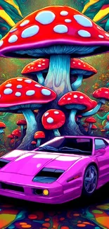 Neon car under psychedelic mushrooms, vibrant art.