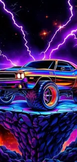 Retro car with purple lightning on rocky platform.