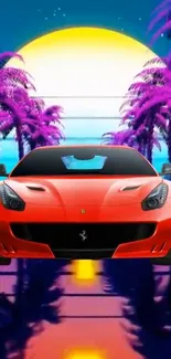 Red sports car with neon sunset and palm trees in retro vibe.