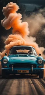 Vintage blue car with orange smoke on dark road, thrilling wallpaper.