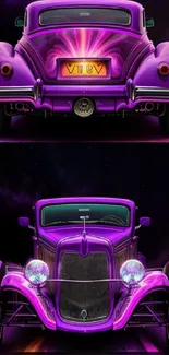 Purple retro car on neon-lit road wallpaper.