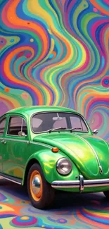 Vintage green car with a colorful psychedelic background.