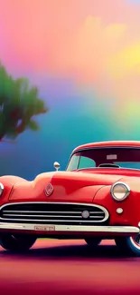 Retro red car with colorful sky background.